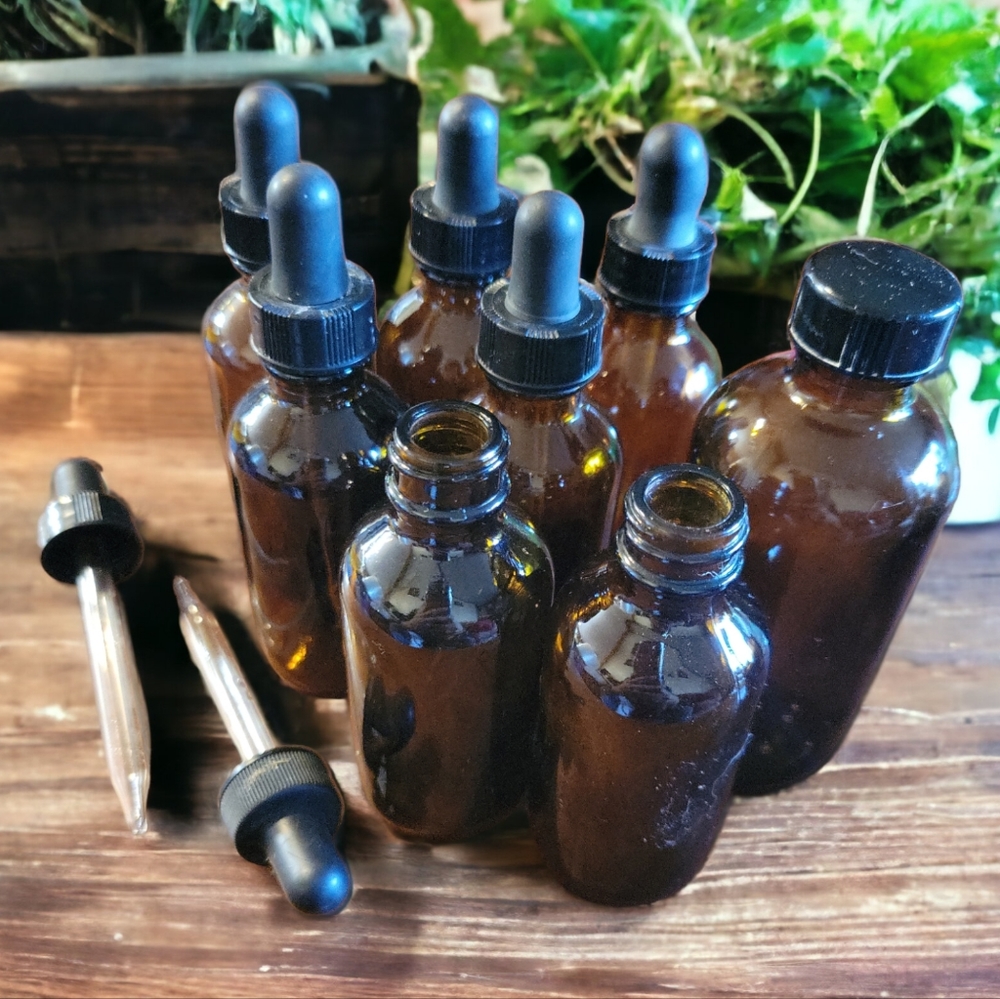 8 Vtg Dark Amber Medicine/Apothecary Bottles Glass Eyedroppers Sealed Caps